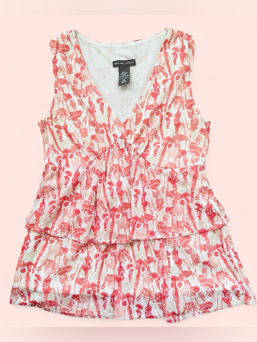 New York & Company Coral Print Tiered V-Neck Tank Top